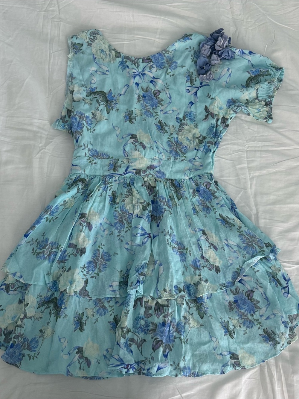 LoveShackFancy Powder Blue Floral Ruffle Mini Dress - Picture 4 of 8